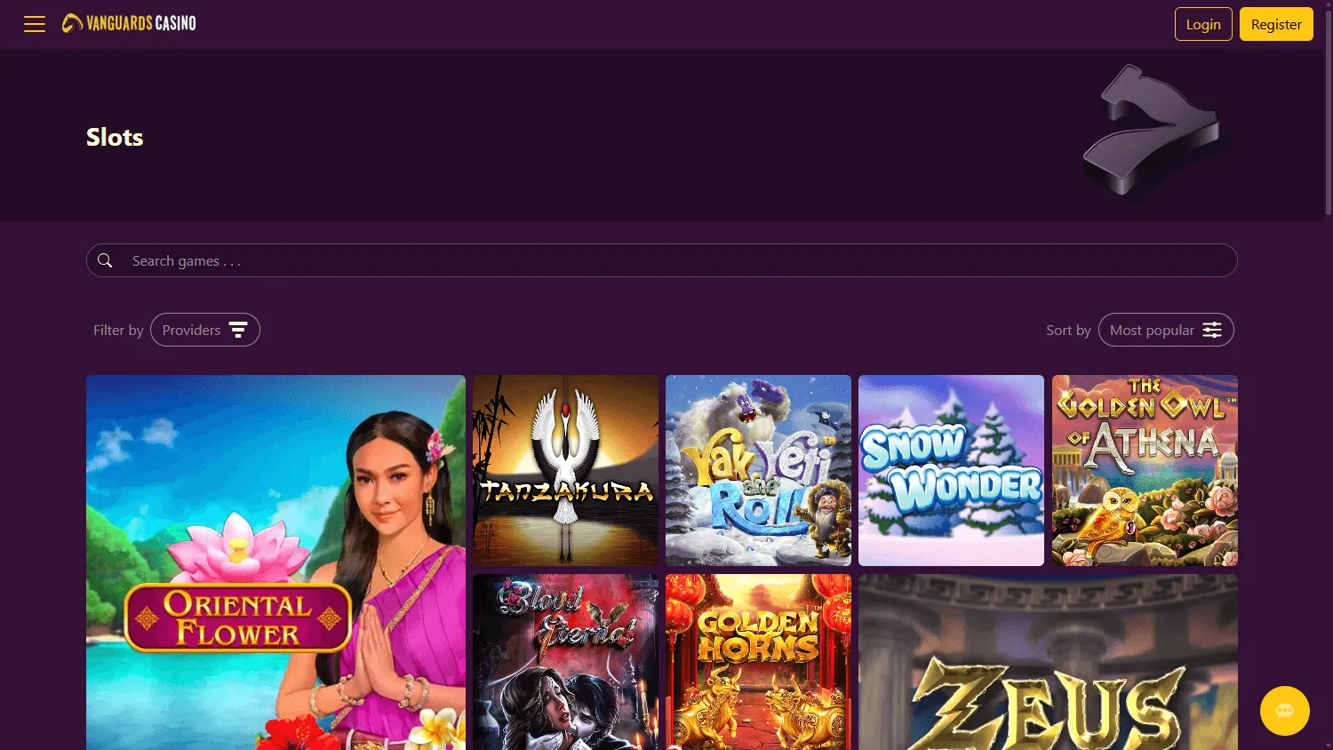 Vanguard Casino desktop games area with slots, table games and live casino categories