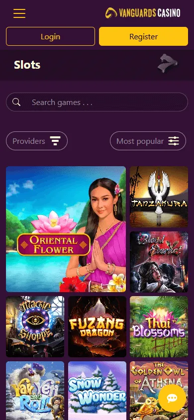 Vanguard Casino mobile games area with slots, table games and live casino options