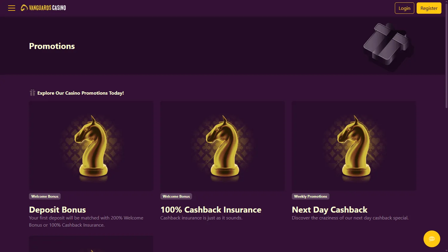 Vanguard Casino desktop promotions area with welcome offers and casino rewards