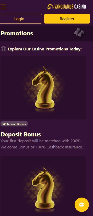 Vanguard Casino mobile promotions area with bonus and cashback offers