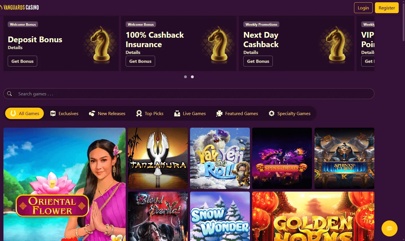 Vanguard Casino desktop home experience with casino offers and entertainment categories